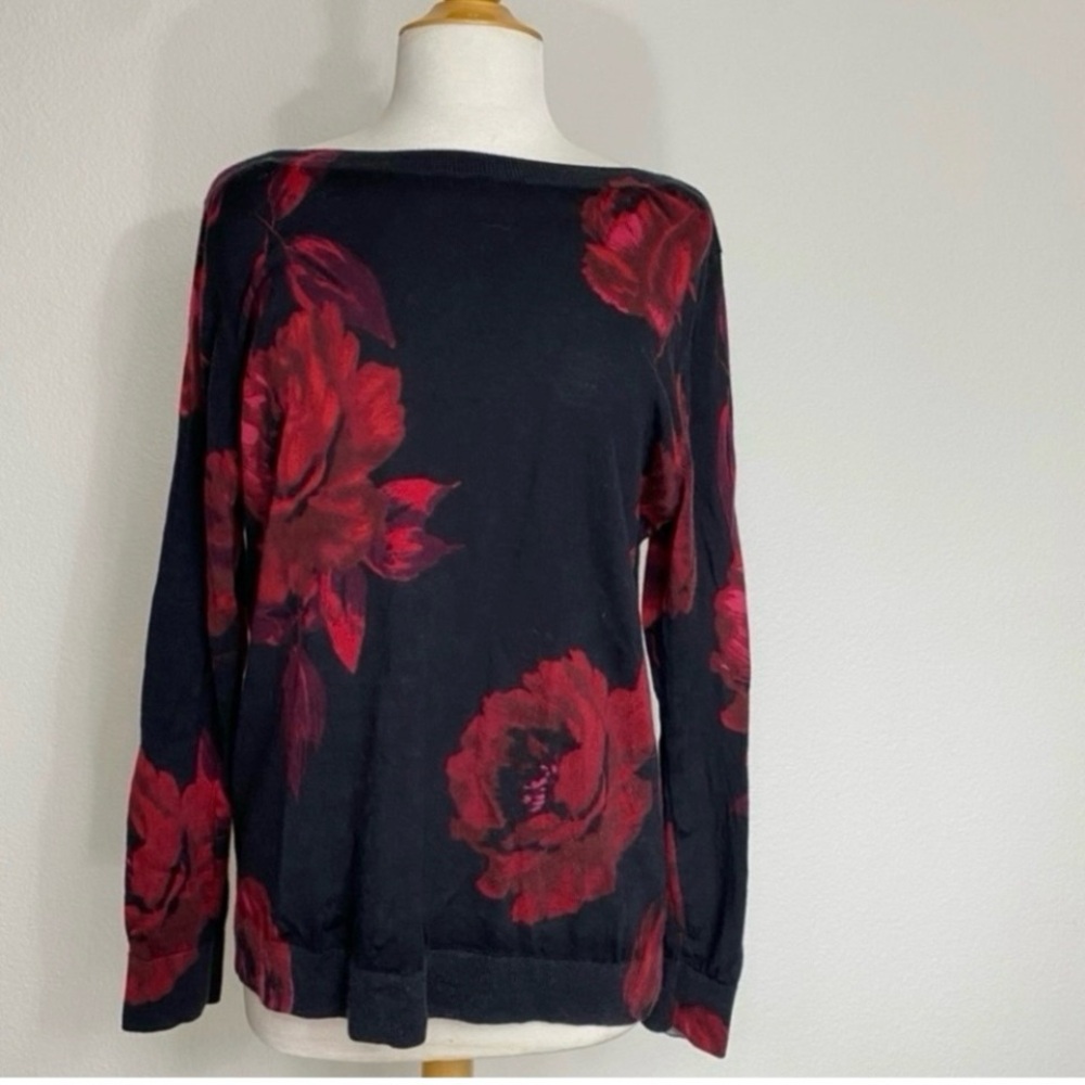 Talbots Women Black Red Floral Crew Soft Pure Merino Wool Lightweight Sweater XL